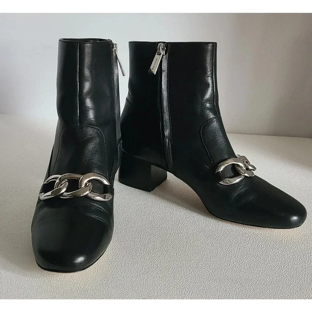WOMENS' MICHAEL KORS CHAIN EMBELLISHED LEATHER ANKLE BOOTS BOOTIES BLACK SZ 6 M